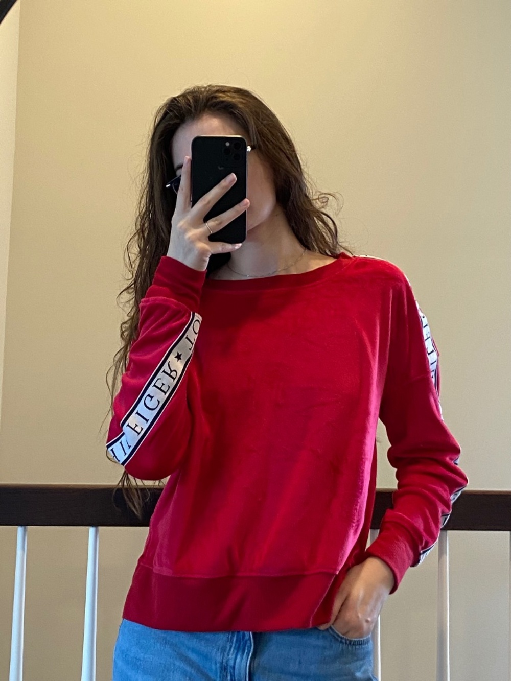 Tommy Hilfiger Velour Logo Tape Sweatshirt Womens Red Velve￼t Pullover Size S